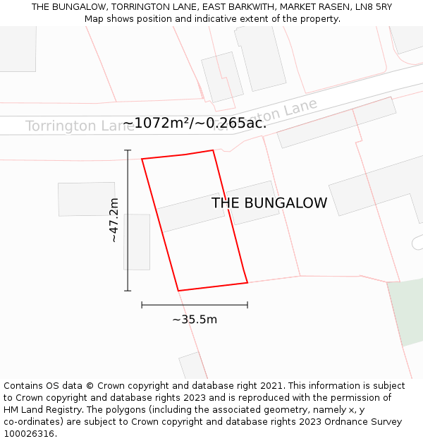 THE BUNGALOW, TORRINGTON LANE, EAST BARKWITH, MARKET RASEN, LN8 5RY: Plot and title map