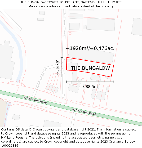 THE BUNGALOW, TOWER HOUSE LANE, SALTEND, HULL, HU12 8EE: Plot and title map