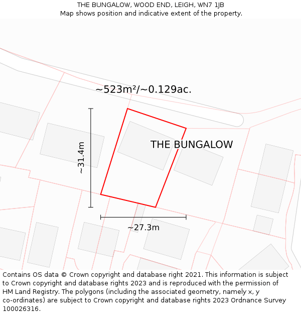 THE BUNGALOW, WOOD END, LEIGH, WN7 1JB: Plot and title map