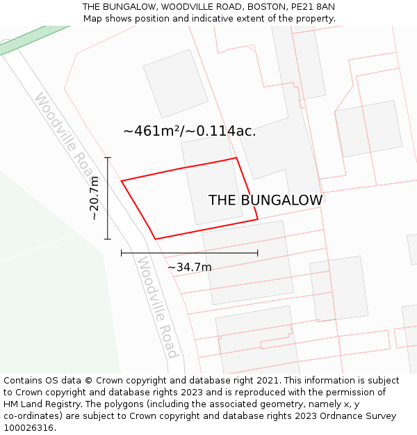 THE BUNGALOW, WOODVILLE ROAD, BOSTON, PE21 8AN: Plot and title map