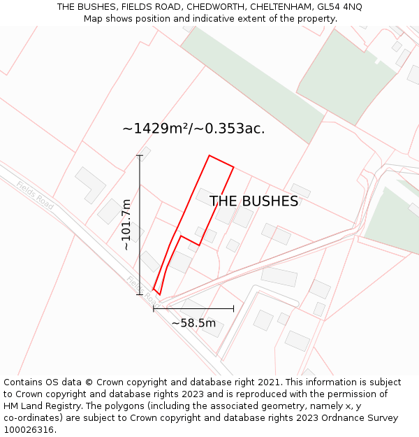 THE BUSHES, FIELDS ROAD, CHEDWORTH, CHELTENHAM, GL54 4NQ: Plot and title map
