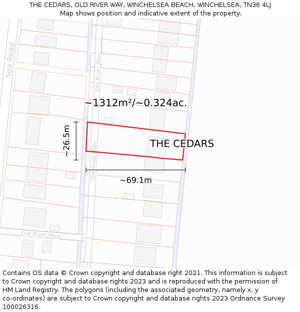 THE CEDARS, OLD RIVER WAY, WINCHELSEA BEACH, WINCHELSEA, TN36 4LJ: Plot and title map