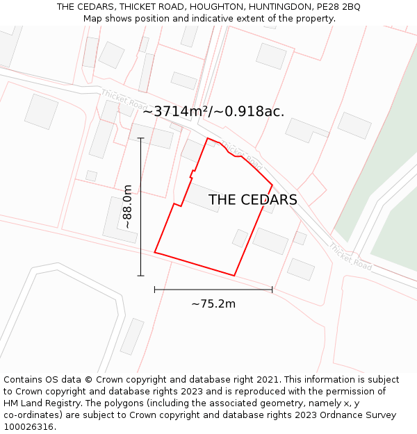 THE CEDARS, THICKET ROAD, HOUGHTON, HUNTINGDON, PE28 2BQ: Plot and title map