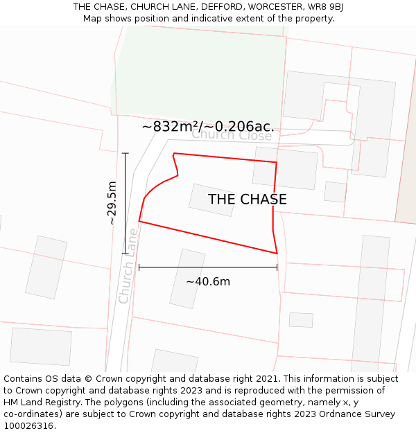 THE CHASE, CHURCH LANE, DEFFORD, WORCESTER, WR8 9BJ: Plot and title map