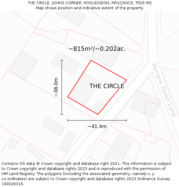 THE CIRCLE, JOHNS CORNER, ROSUDGEON, PENZANCE, TR20 9PJ: Plot and title map