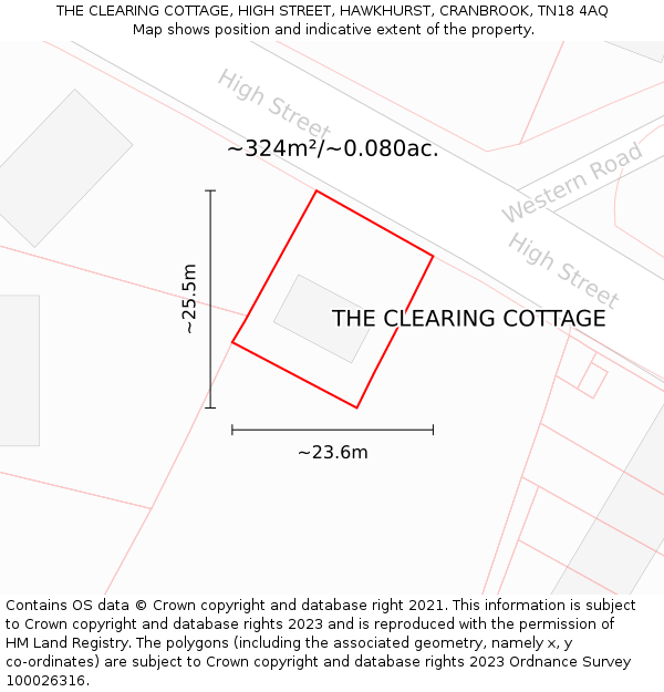 THE CLEARING COTTAGE, HIGH STREET, HAWKHURST, CRANBROOK, TN18 4AQ: Plot and title map