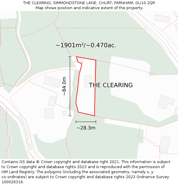 THE CLEARING, SIMMONDSTONE LANE, CHURT, FARNHAM, GU10 2QR: Plot and title map