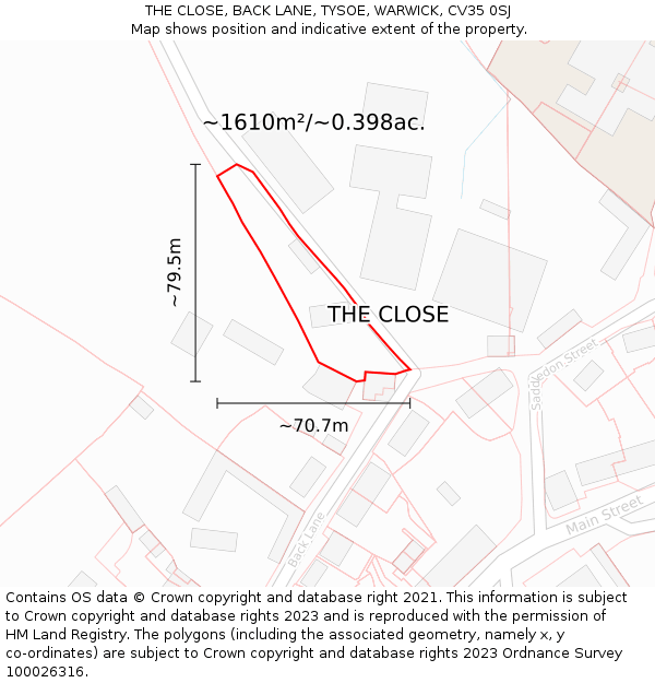 THE CLOSE, BACK LANE, TYSOE, WARWICK, CV35 0SJ: Plot and title map