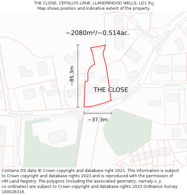 THE CLOSE, CEFNLLYS LANE, LLANDRINDOD WELLS, LD1 5LJ: Plot and title map
