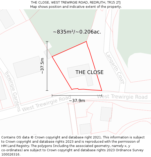 THE CLOSE, WEST TREWIRGIE ROAD, REDRUTH, TR15 2TJ: Plot and title map