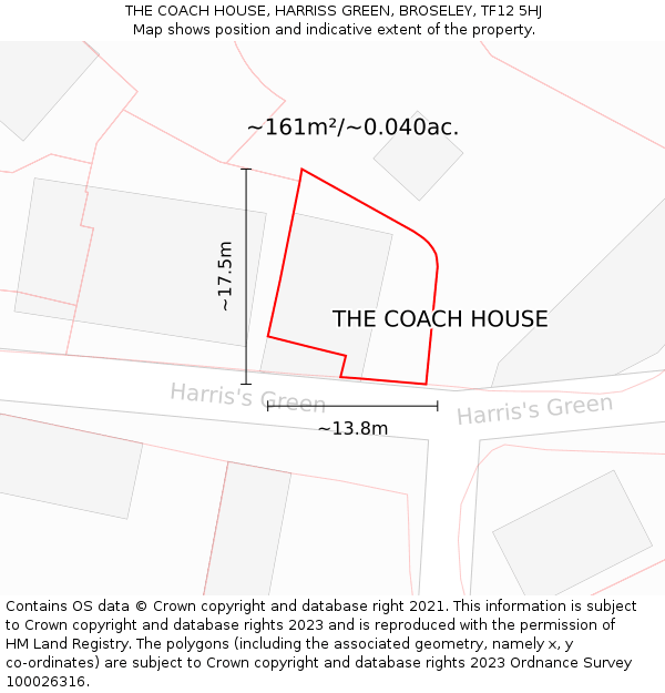 THE COACH HOUSE, HARRISS GREEN, BROSELEY, TF12 5HJ: Plot and title map