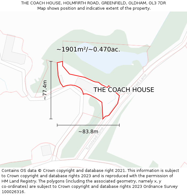 THE COACH HOUSE, HOLMFIRTH ROAD, GREENFIELD, OLDHAM, OL3 7DR: Plot and title map