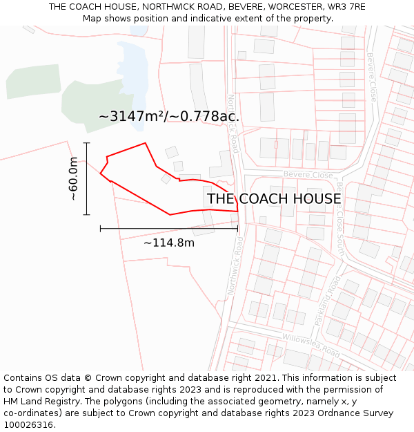 THE COACH HOUSE, NORTHWICK ROAD, BEVERE, WORCESTER, WR3 7RE: Plot and title map