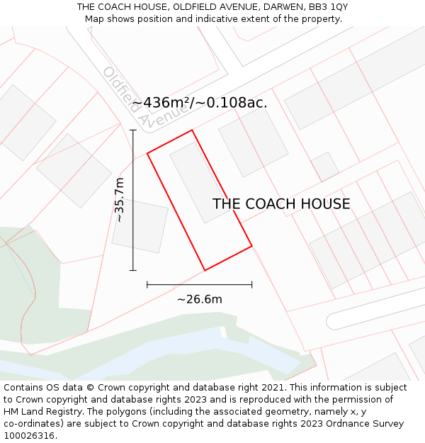 THE COACH HOUSE, OLDFIELD AVENUE, DARWEN, BB3 1QY: Plot and title map