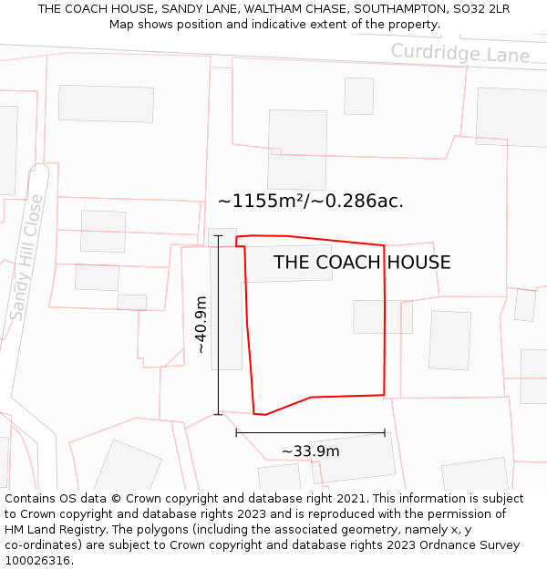 THE COACH HOUSE, SANDY LANE, WALTHAM CHASE, SOUTHAMPTON, SO32 2LR: Plot and title map