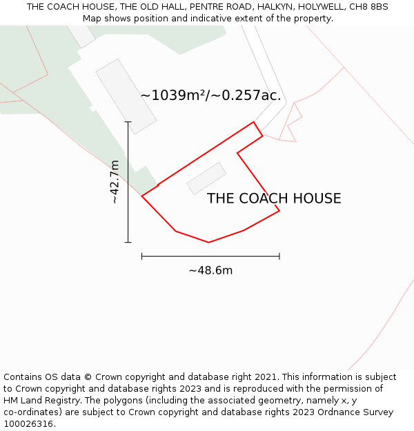 THE COACH HOUSE, THE OLD HALL, PENTRE ROAD, HALKYN, HOLYWELL, CH8 8BS: Plot and title map