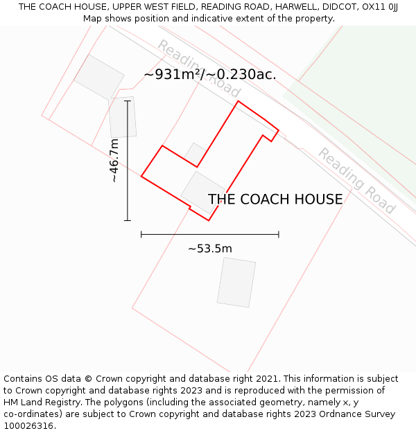 THE COACH HOUSE, UPPER WEST FIELD, READING ROAD, HARWELL, DIDCOT, OX11 0JJ: Plot and title map