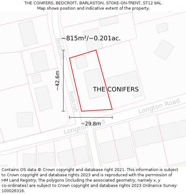 THE CONIFERS, BEDCROFT, BARLASTON, STOKE-ON-TRENT, ST12 9AL: Plot and title map