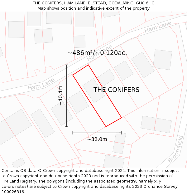 THE CONIFERS, HAM LANE, ELSTEAD, GODALMING, GU8 6HG: Plot and title map