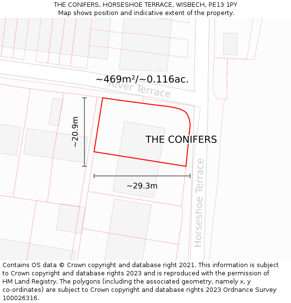 THE CONIFERS, HORSESHOE TERRACE, WISBECH, PE13 1PY: Plot and title map