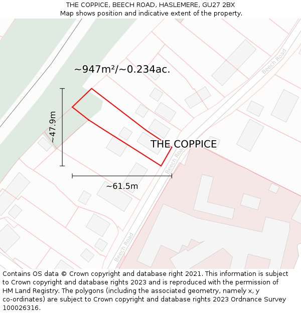 THE COPPICE, BEECH ROAD, HASLEMERE, GU27 2BX: Plot and title map