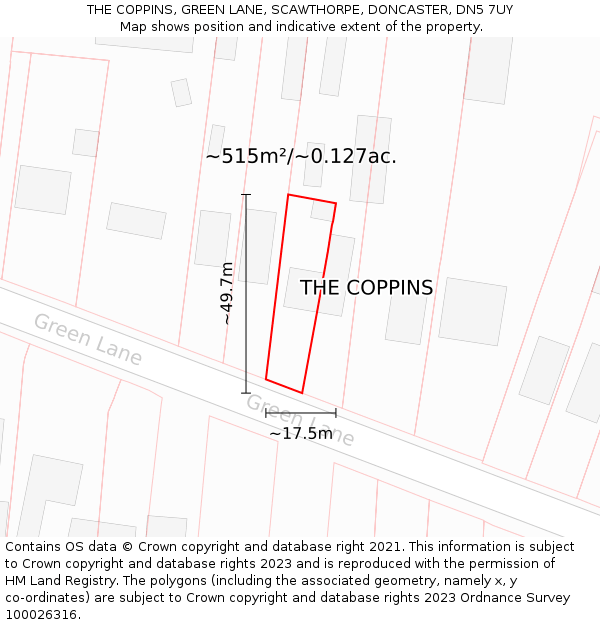 THE COPPINS, GREEN LANE, SCAWTHORPE, DONCASTER, DN5 7UY: Plot and title map