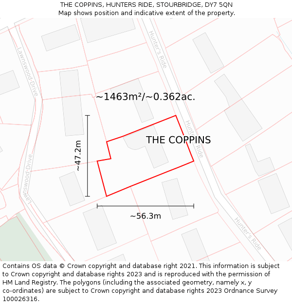 THE COPPINS, HUNTERS RIDE, STOURBRIDGE, DY7 5QN: Plot and title map