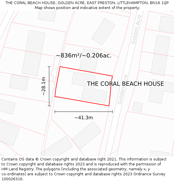 THE CORAL BEACH HOUSE, GOLDEN ACRE, EAST PRESTON, LITTLEHAMPTON, BN16 1QP: Plot and title map