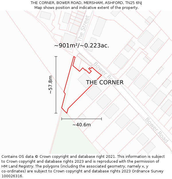 THE CORNER, BOWER ROAD, MERSHAM, ASHFORD, TN25 6NJ: Plot and title map