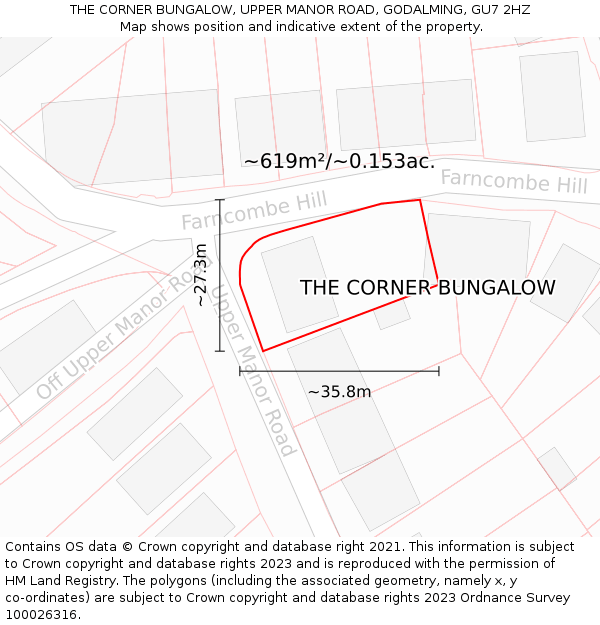 THE CORNER BUNGALOW, UPPER MANOR ROAD, GODALMING, GU7 2HZ: Plot and title map