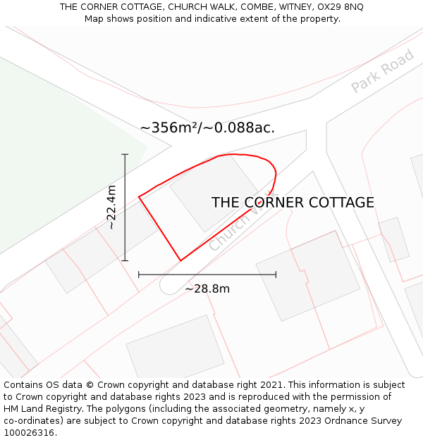 THE CORNER COTTAGE, CHURCH WALK, COMBE, WITNEY, OX29 8NQ: Plot and title map