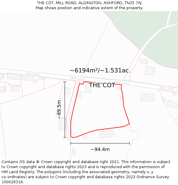 THE COT, MILL ROAD, ALDINGTON, ASHFORD, TN25 7AJ: Plot and title map