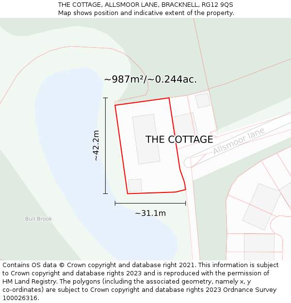 THE COTTAGE, ALLSMOOR LANE, BRACKNELL, RG12 9QS: Plot and title map