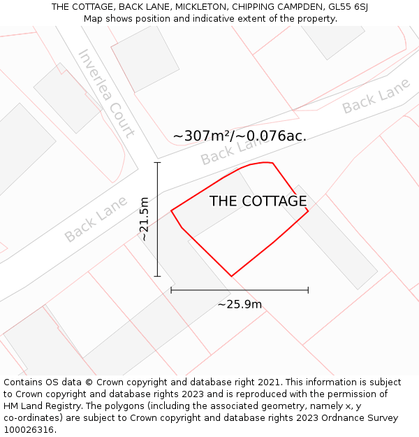 THE COTTAGE, BACK LANE, MICKLETON, CHIPPING CAMPDEN, GL55 6SJ: Plot and title map