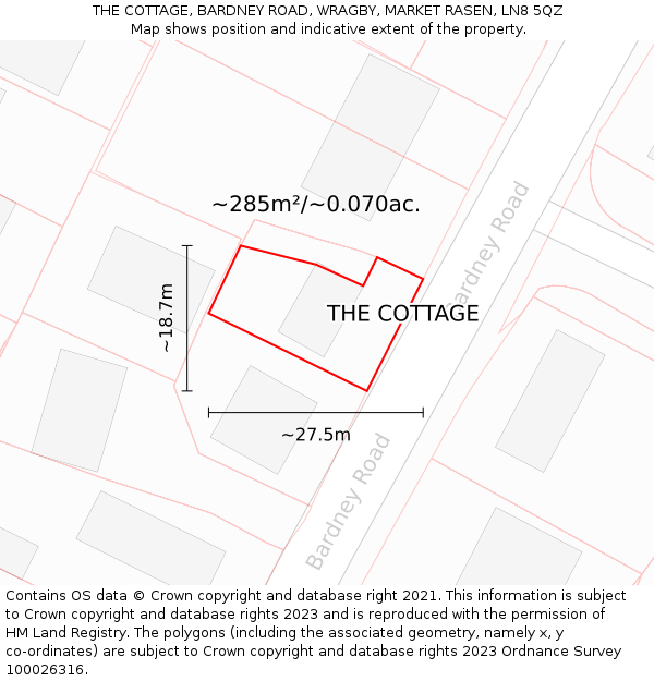 THE COTTAGE, BARDNEY ROAD, WRAGBY, MARKET RASEN, LN8 5QZ: Plot and title map