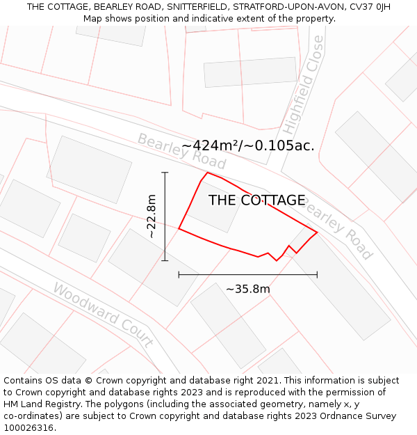 THE COTTAGE, BEARLEY ROAD, SNITTERFIELD, STRATFORD-UPON-AVON, CV37 0JH: Plot and title map