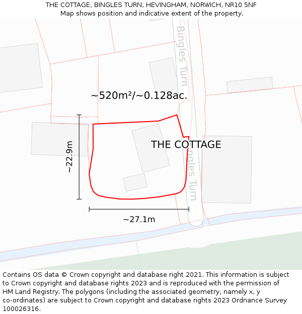 THE COTTAGE, BINGLES TURN, HEVINGHAM, NORWICH, NR10 5NF: Plot and title map