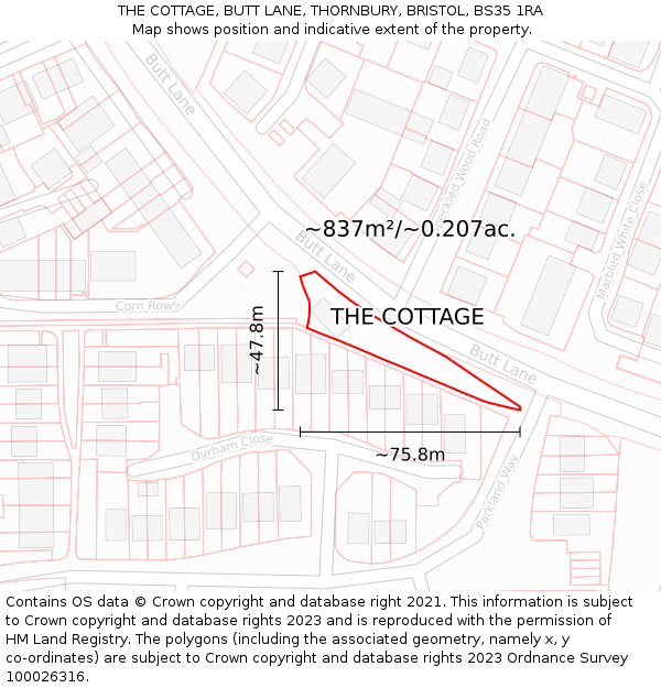 THE COTTAGE, BUTT LANE, THORNBURY, BRISTOL, BS35 1RA: Plot and title map