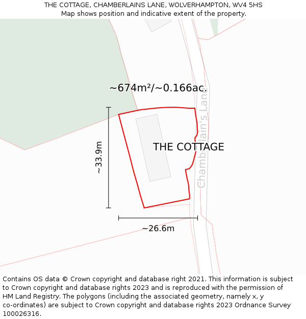 THE COTTAGE, CHAMBERLAINS LANE, WOLVERHAMPTON, WV4 5HS: Plot and title map