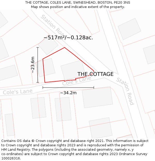 THE COTTAGE, COLES LANE, SWINESHEAD, BOSTON, PE20 3NS: Plot and title map