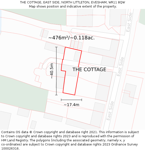 THE COTTAGE, EAST SIDE, NORTH LITTLETON, EVESHAM, WR11 8QW: Plot and title map