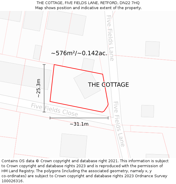 THE COTTAGE, FIVE FIELDS LANE, RETFORD, DN22 7HQ: Plot and title map