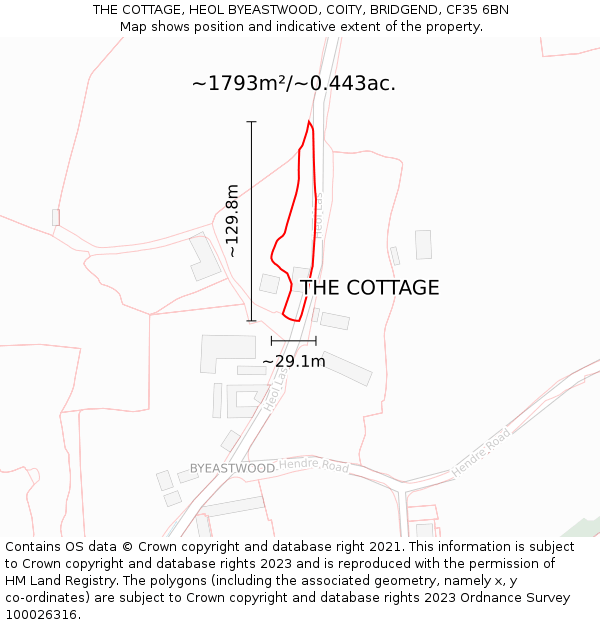 THE COTTAGE, HEOL BYEASTWOOD, COITY, BRIDGEND, CF35 6BN: Plot and title map
