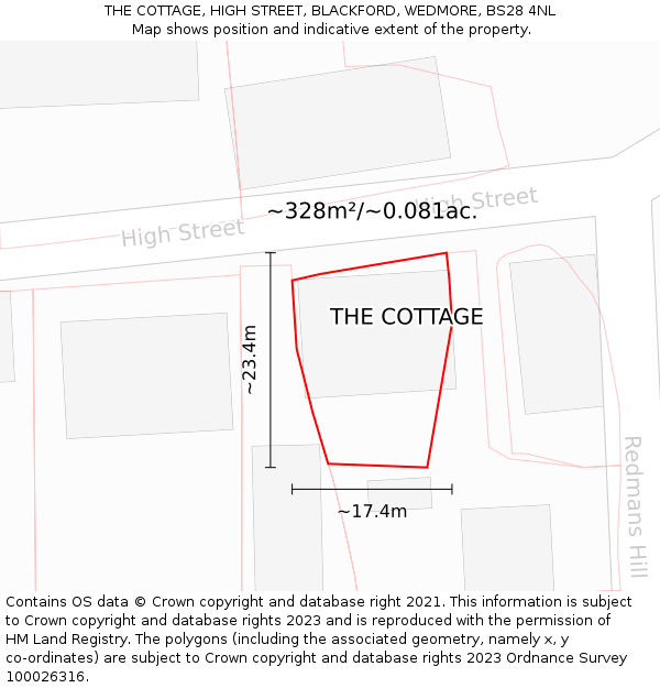 THE COTTAGE, HIGH STREET, BLACKFORD, WEDMORE, BS28 4NL: Plot and title map