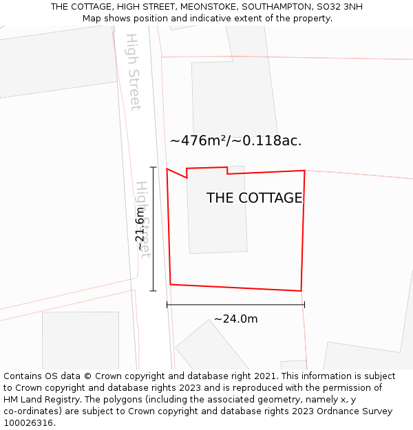 THE COTTAGE, HIGH STREET, MEONSTOKE, SOUTHAMPTON, SO32 3NH: Plot and title map