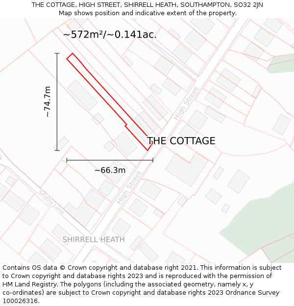 THE COTTAGE, HIGH STREET, SHIRRELL HEATH, SOUTHAMPTON, SO32 2JN: Plot and title map