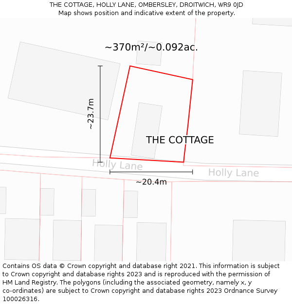THE COTTAGE, HOLLY LANE, OMBERSLEY, DROITWICH, WR9 0JD: Plot and title map
