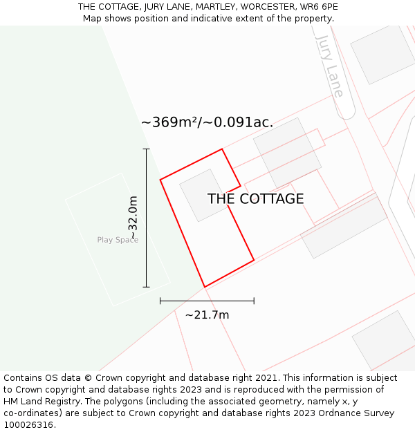 THE COTTAGE, JURY LANE, MARTLEY, WORCESTER, WR6 6PE: Plot and title map