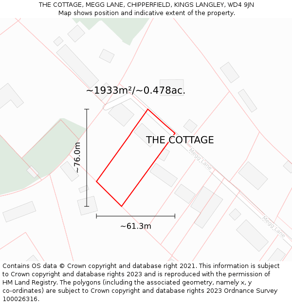THE COTTAGE, MEGG LANE, CHIPPERFIELD, KINGS LANGLEY, WD4 9JN: Plot and title map