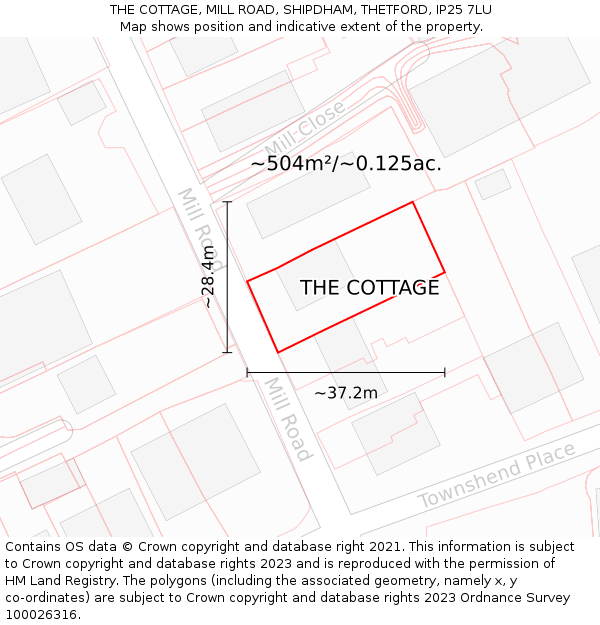 THE COTTAGE, MILL ROAD, SHIPDHAM, THETFORD, IP25 7LU: Plot and title map